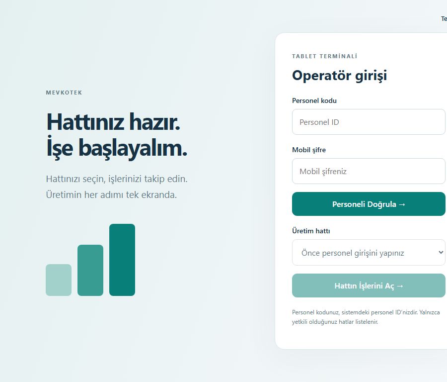 Mevkotek tablet operatör giriş ekranı, açık tema