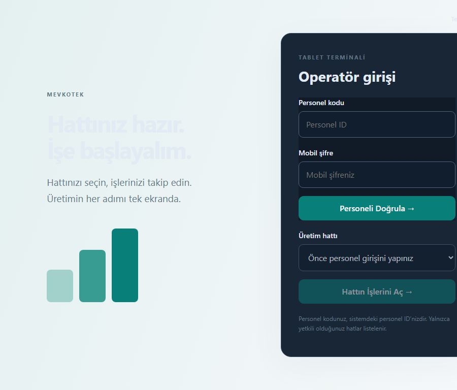 Mevkotek tablet operatör giriş ekranı, koyu tema